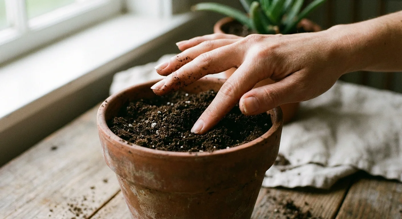 A hand checking the soil moisture level in a terracotta pot with a finger.