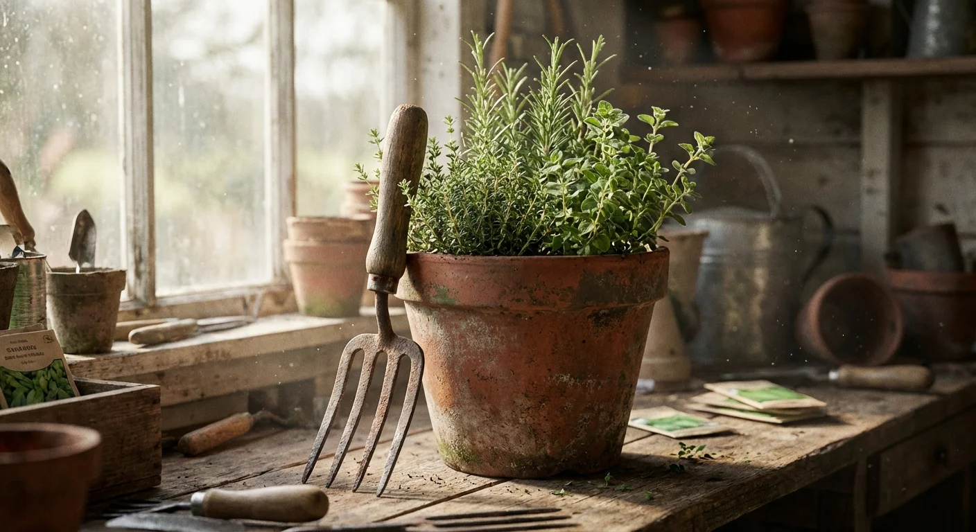 A hand-held garden fork resting against a terracotta plant pot.
