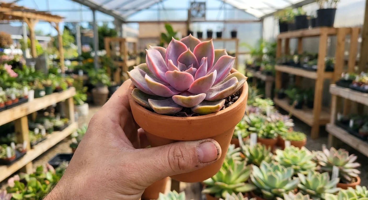 A hand holding a small, healthy succulent plant.