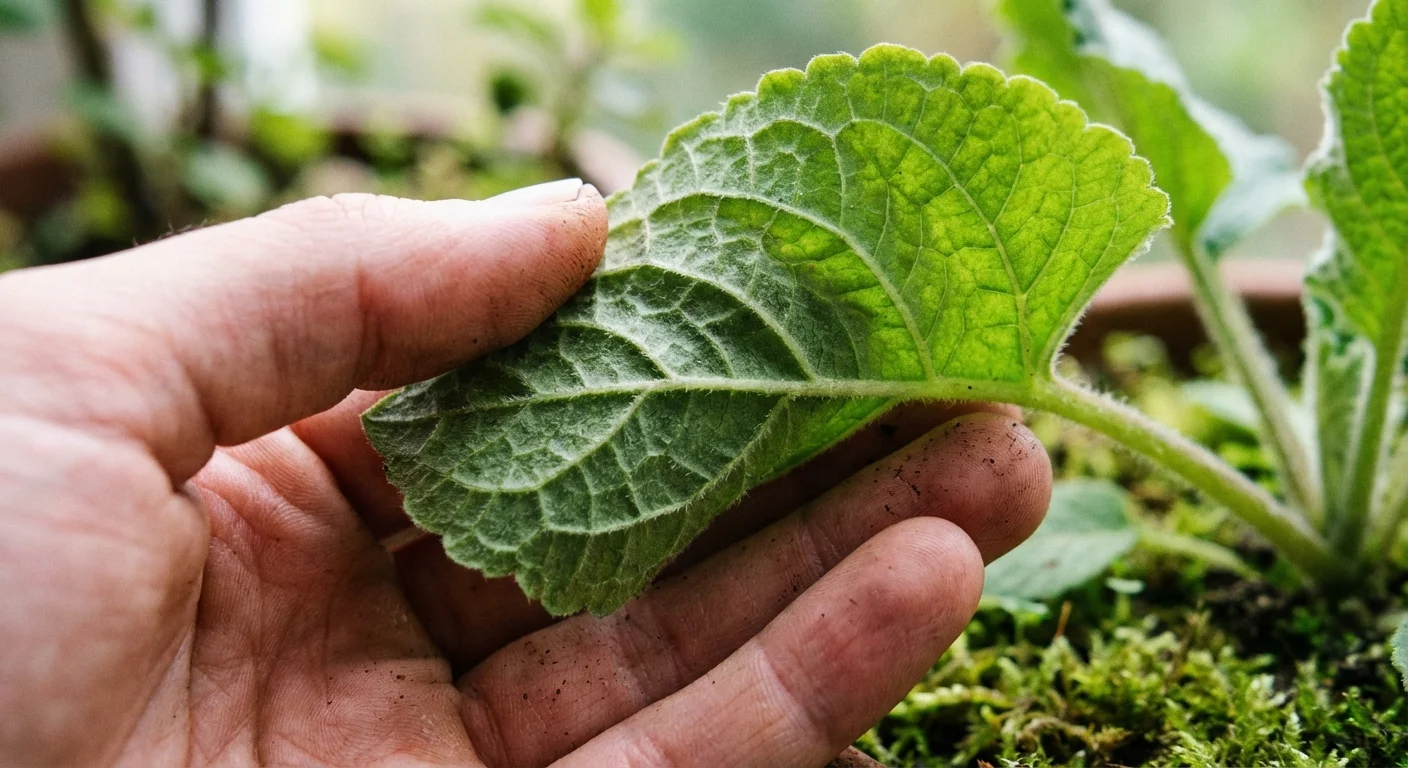 A hand inspecting the underside of a healthy green plant leaf.