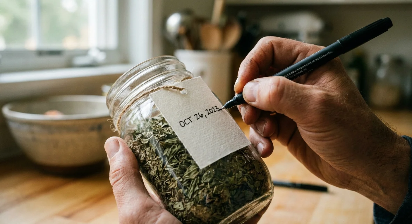 A hand labeling a glass jar of dried basil with a date.