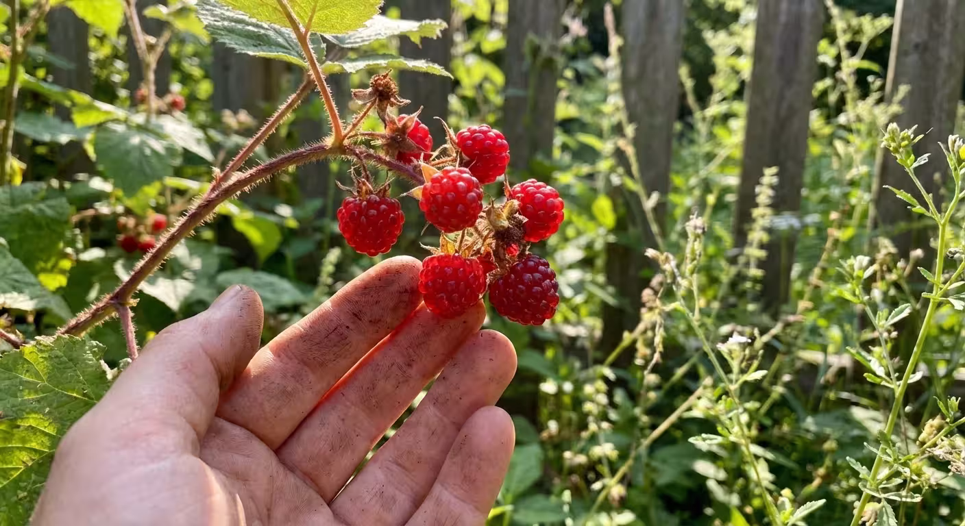A hand picking ripe red wineberries in a sunlit garden.