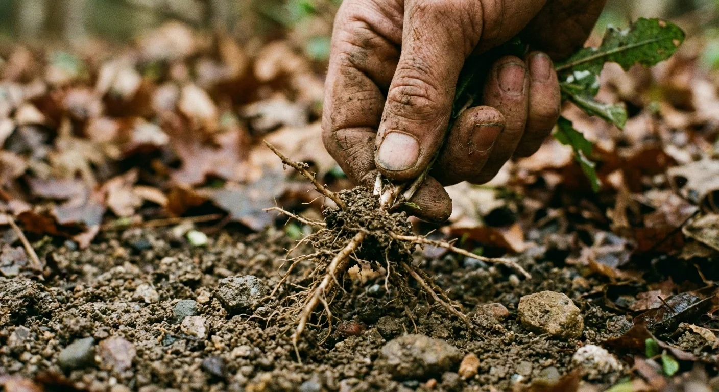 A hand pulling a weed out of the soil amidst fallen leaves.