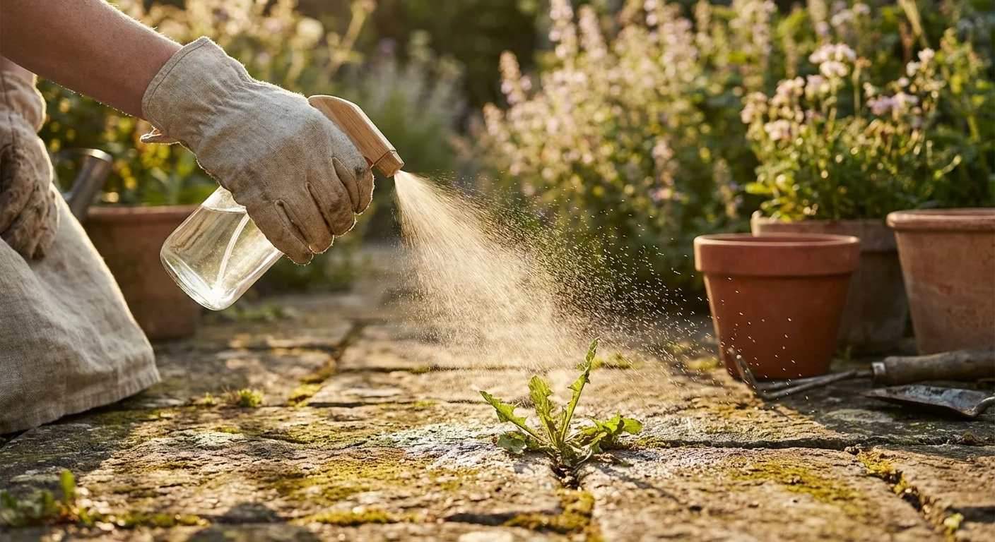 A hand spraying a natural vinegar solution onto weeds growing between patio stones.