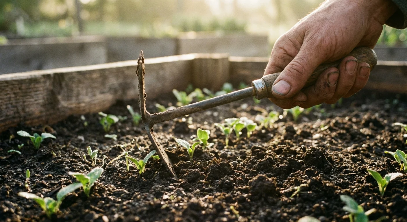 A hand tool weeding tiny green seedlings in a garden bed.