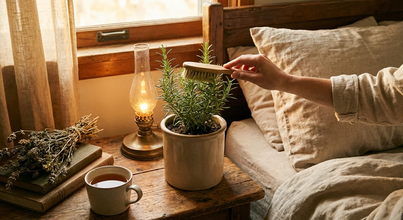 A hand touching a small rosemary plant in a terracotta pot on a nightstand.