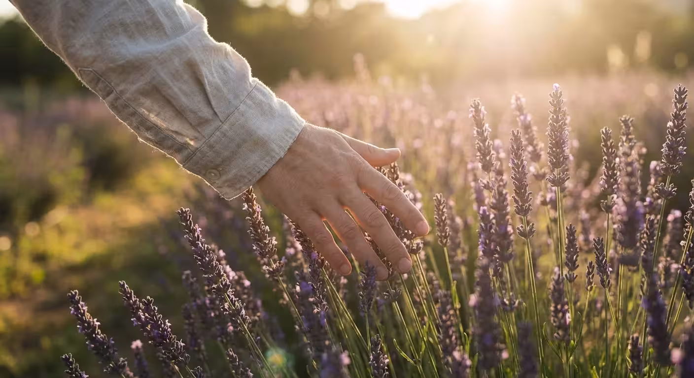A hand touching purple lavender flowers in a sunny field.