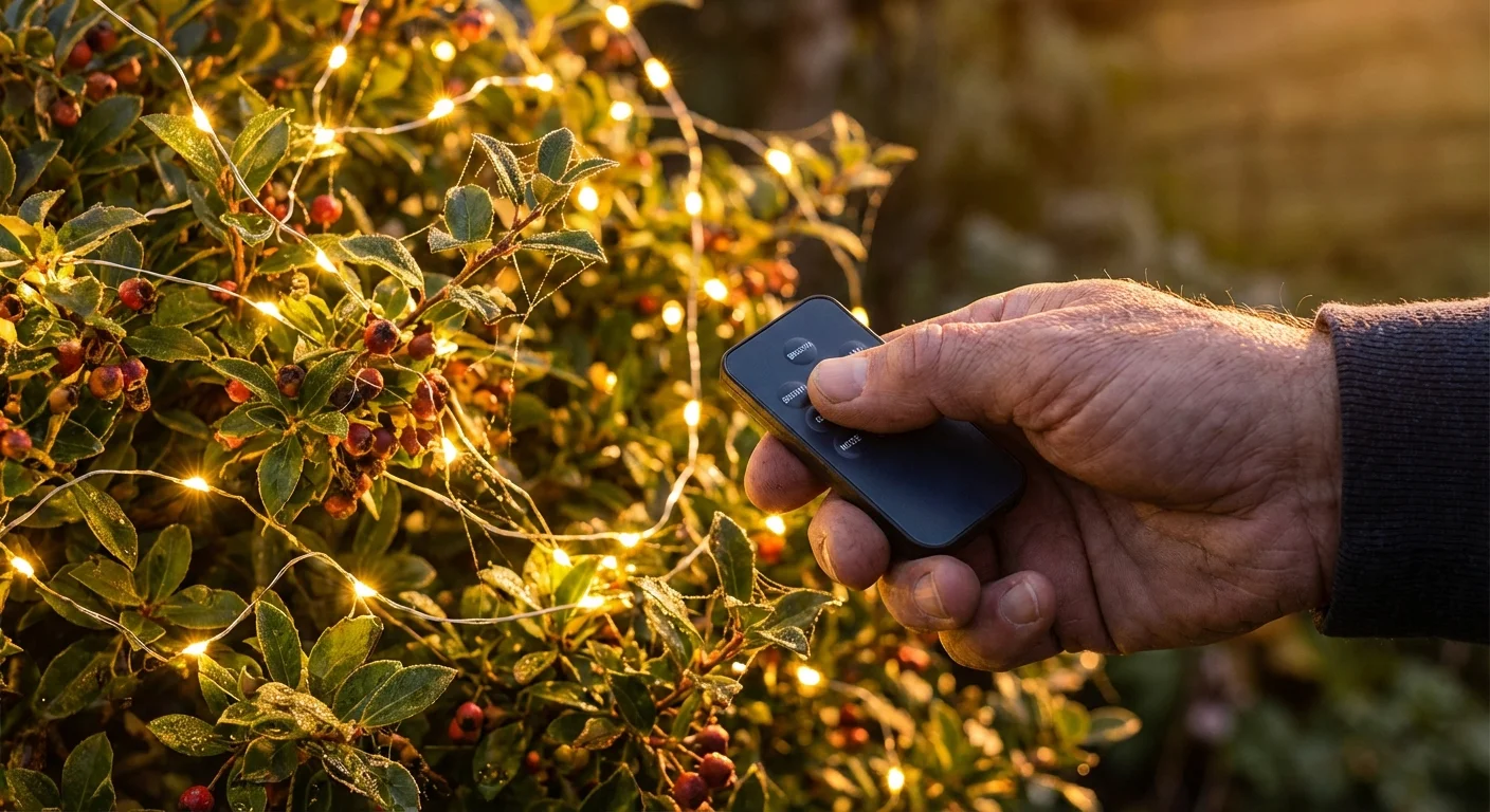 A hand using a remote to control Christmas lights on a garden bush.