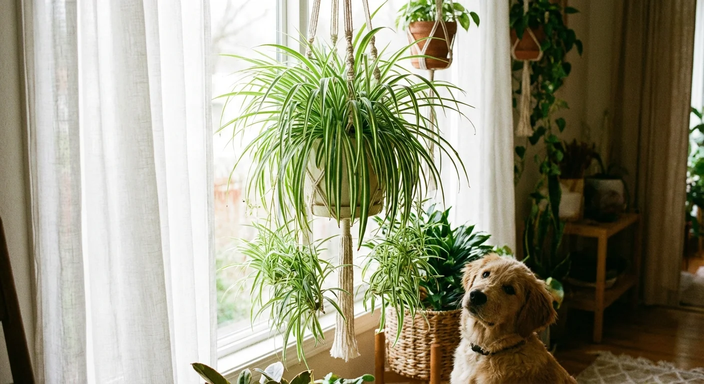 A hanging spider plant with long striped leaves and a small dog looking up at it.