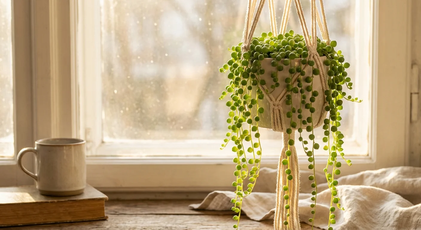 A hanging String of Pearls plant glowing in the morning sunlight.