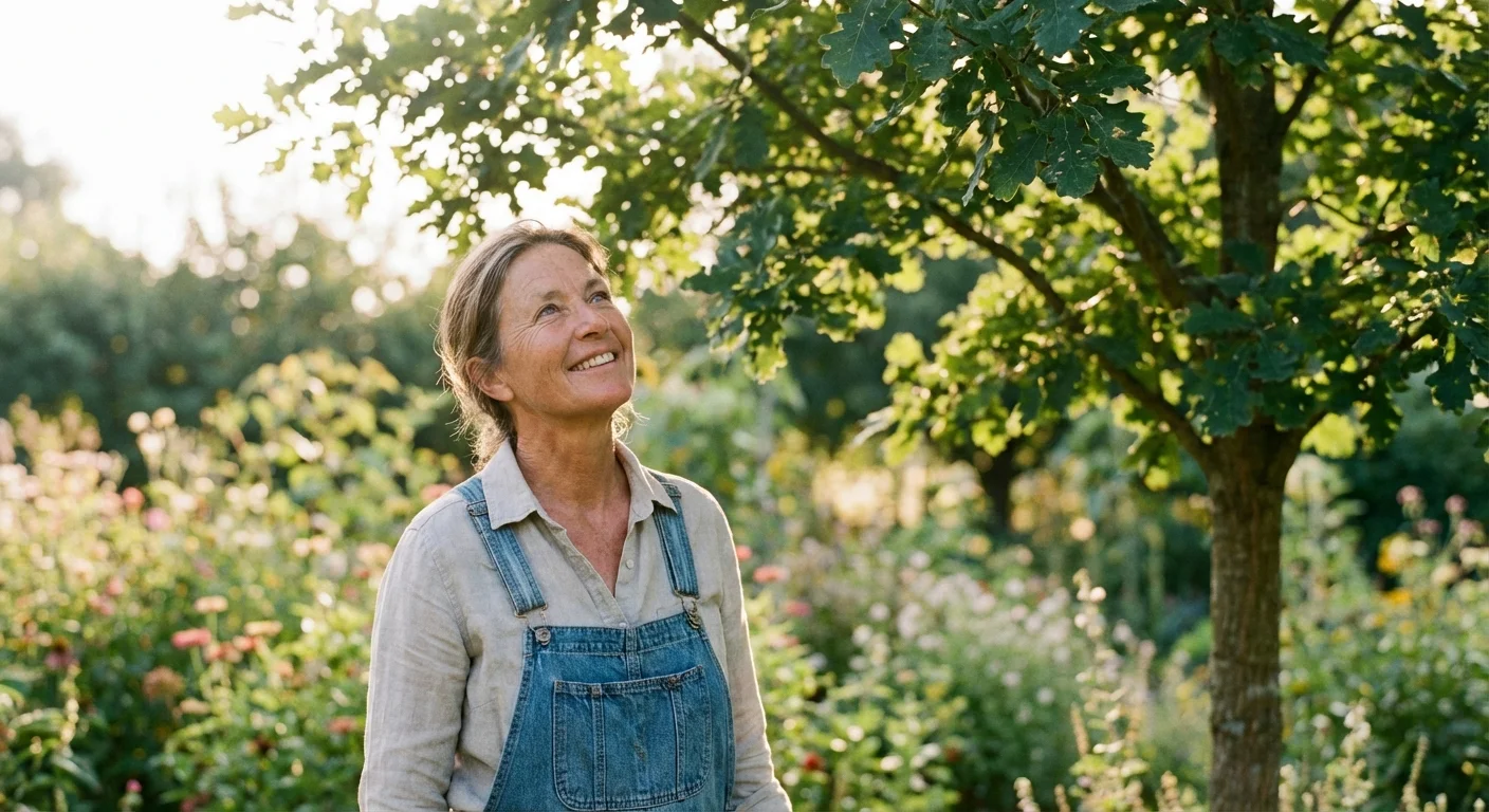 A happy home gardener admiring a healthy young shade tree in a sun-drenched backyard.