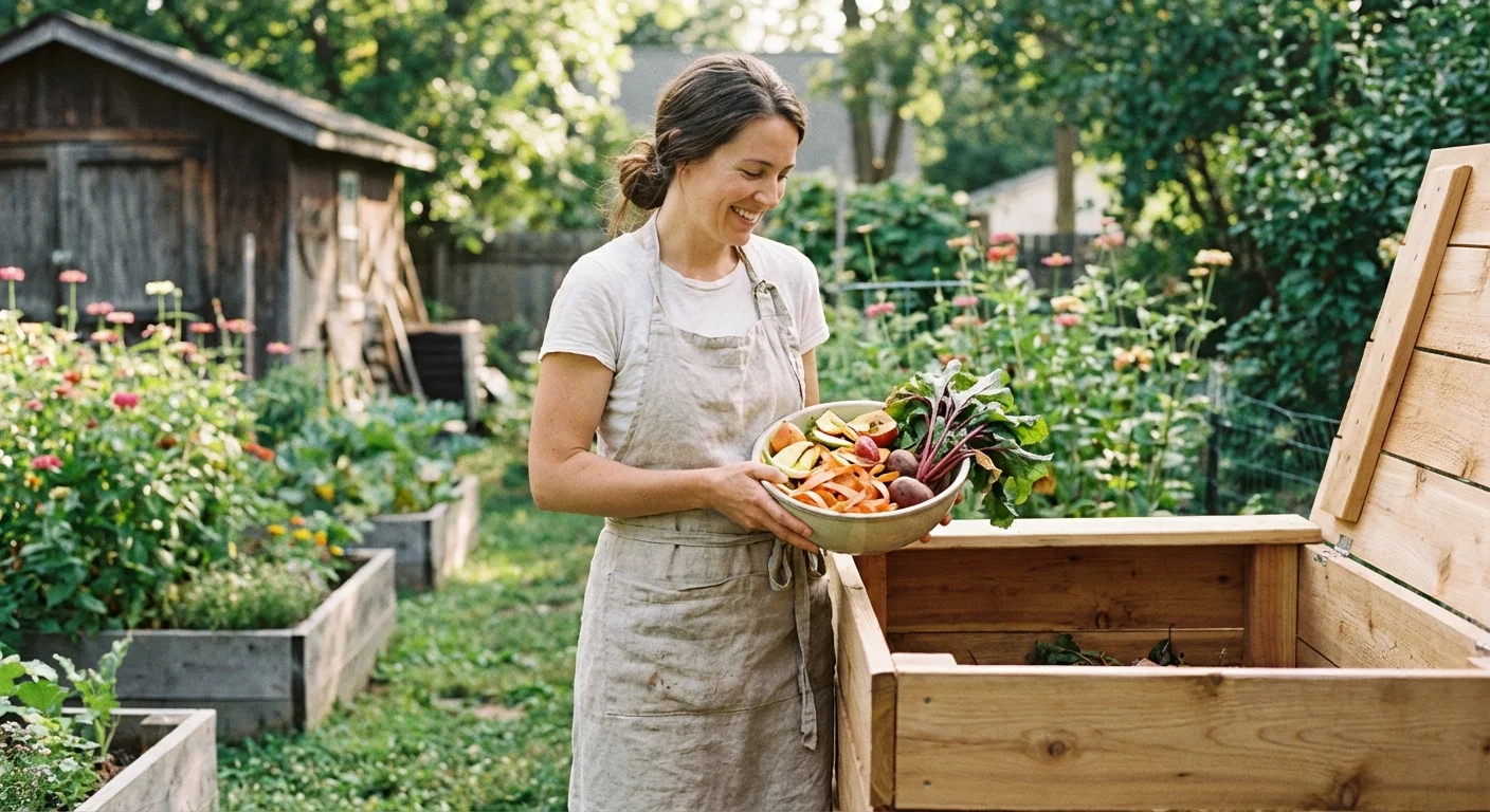 A happy home gardener preparing to add kitchen scraps to a wooden compost bin.