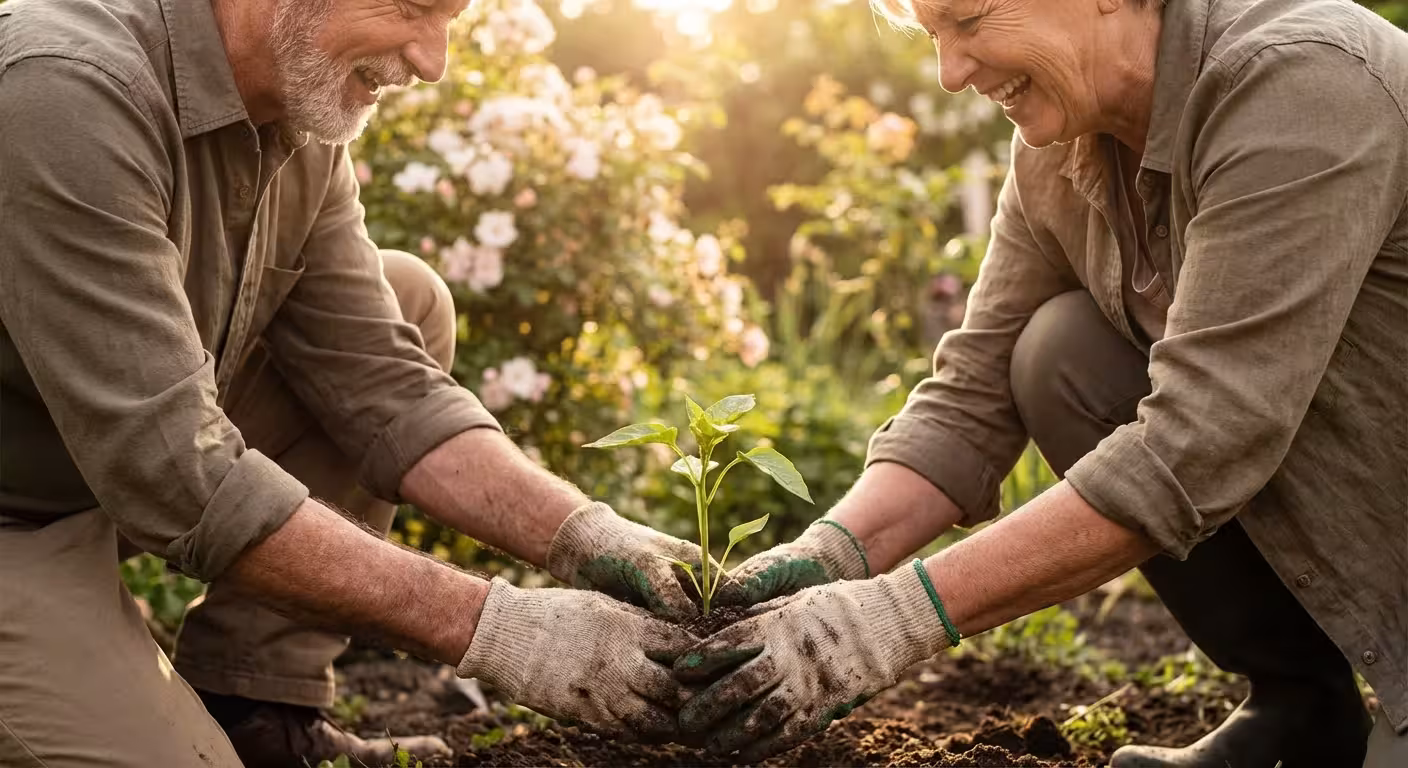 A happy senior couple planting seedlings together in a bright, lush garden.