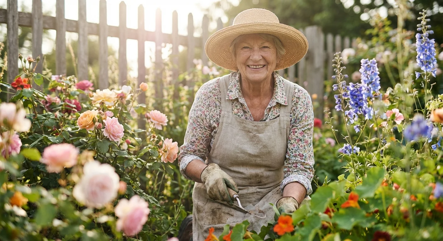 A happy senior woman gardening in a beautiful, sun-lit backyard garden.