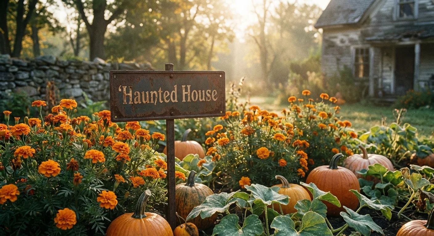 A 'Haunted House' sign standing in a garden bed with flowers.