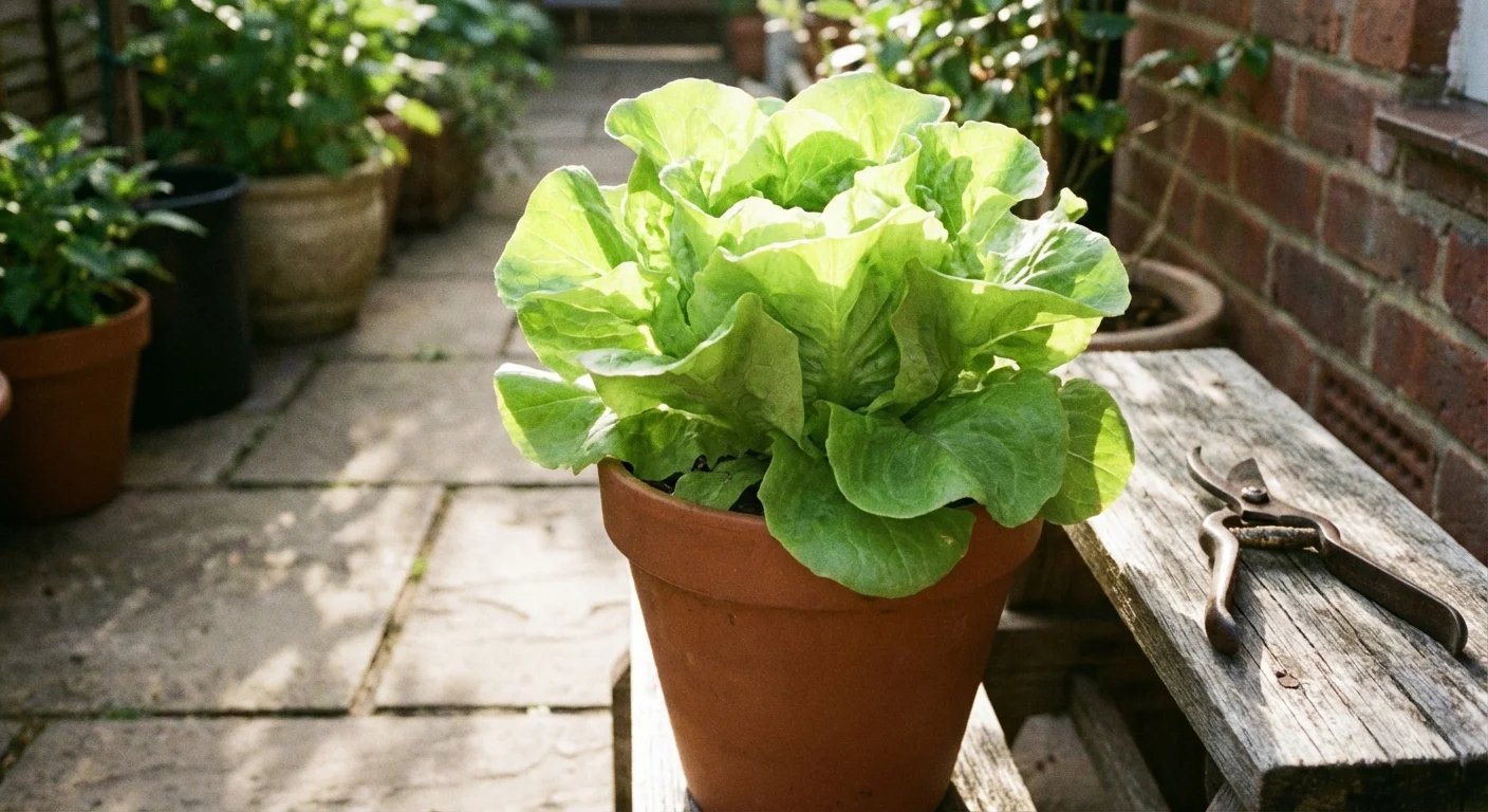 A head of fresh green lettuce growing in a terracotta pot in the sun.