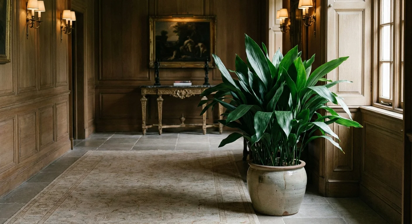 A healthy Cast Iron Plant with dark green leaves in a minimalist hallway.