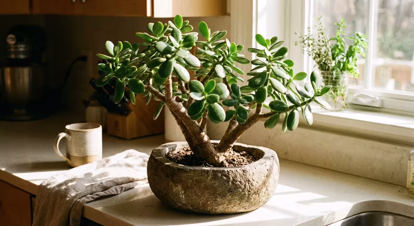 A healthy Jade plant on a sunny kitchen countertop.