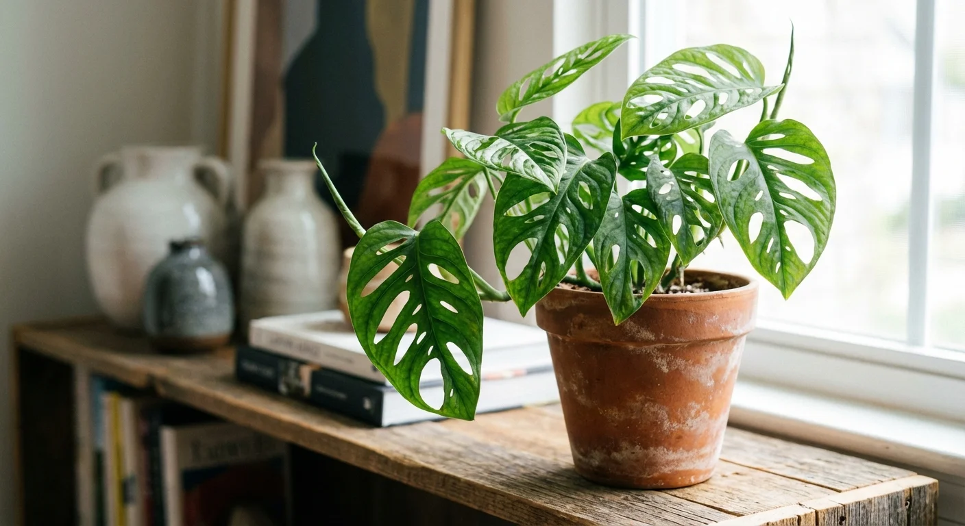 A healthy Monkey Mask Monstera on a dry wooden shelf.