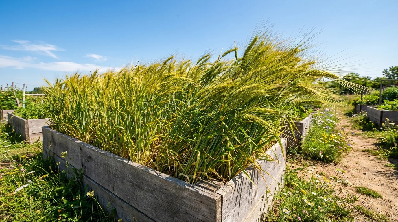 A healthy patch of wheat growing in a wooden raised bed under a blue sky.