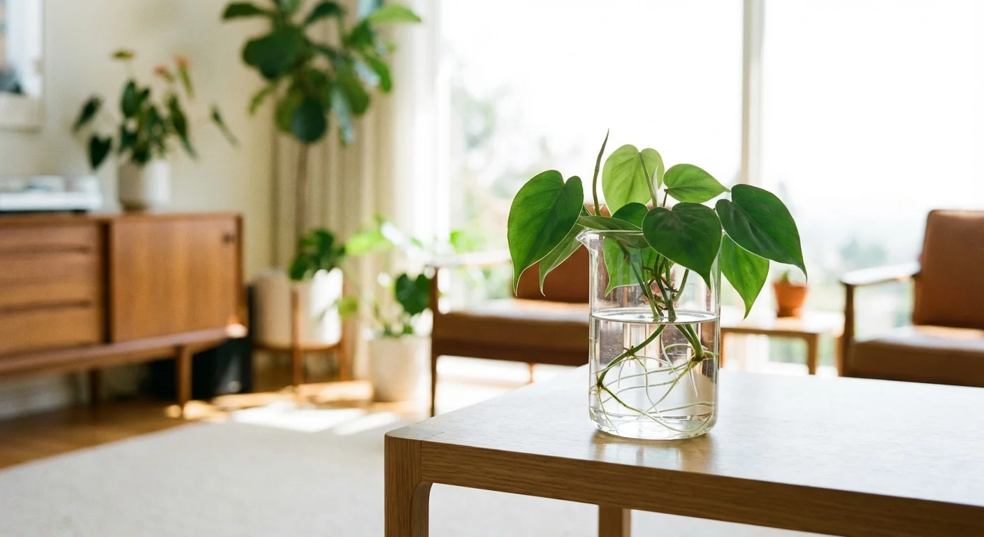 A heart-leaf philodendron cutting growing in a glass laboratory-style beaker.