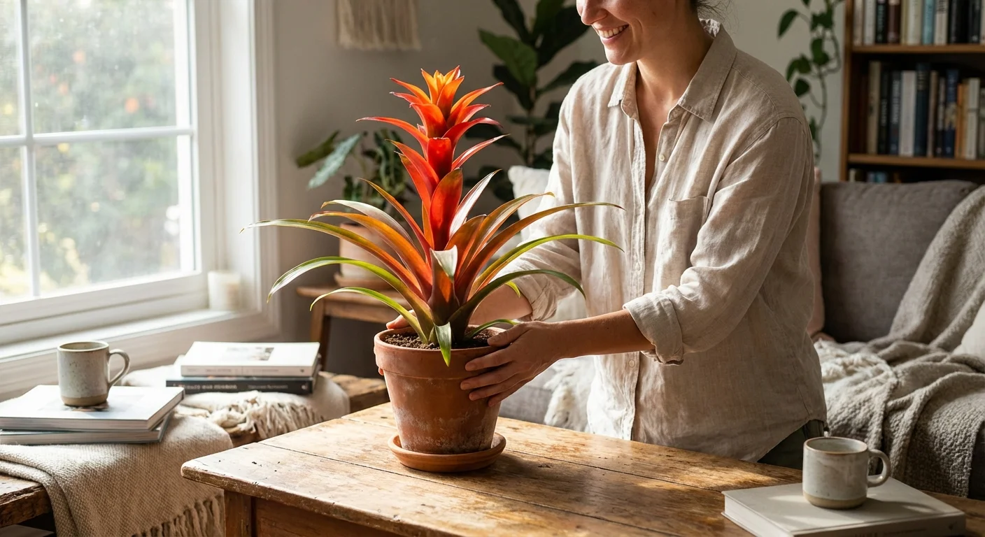 A home gardener arranging colorful plants in a bright, cozy living room.