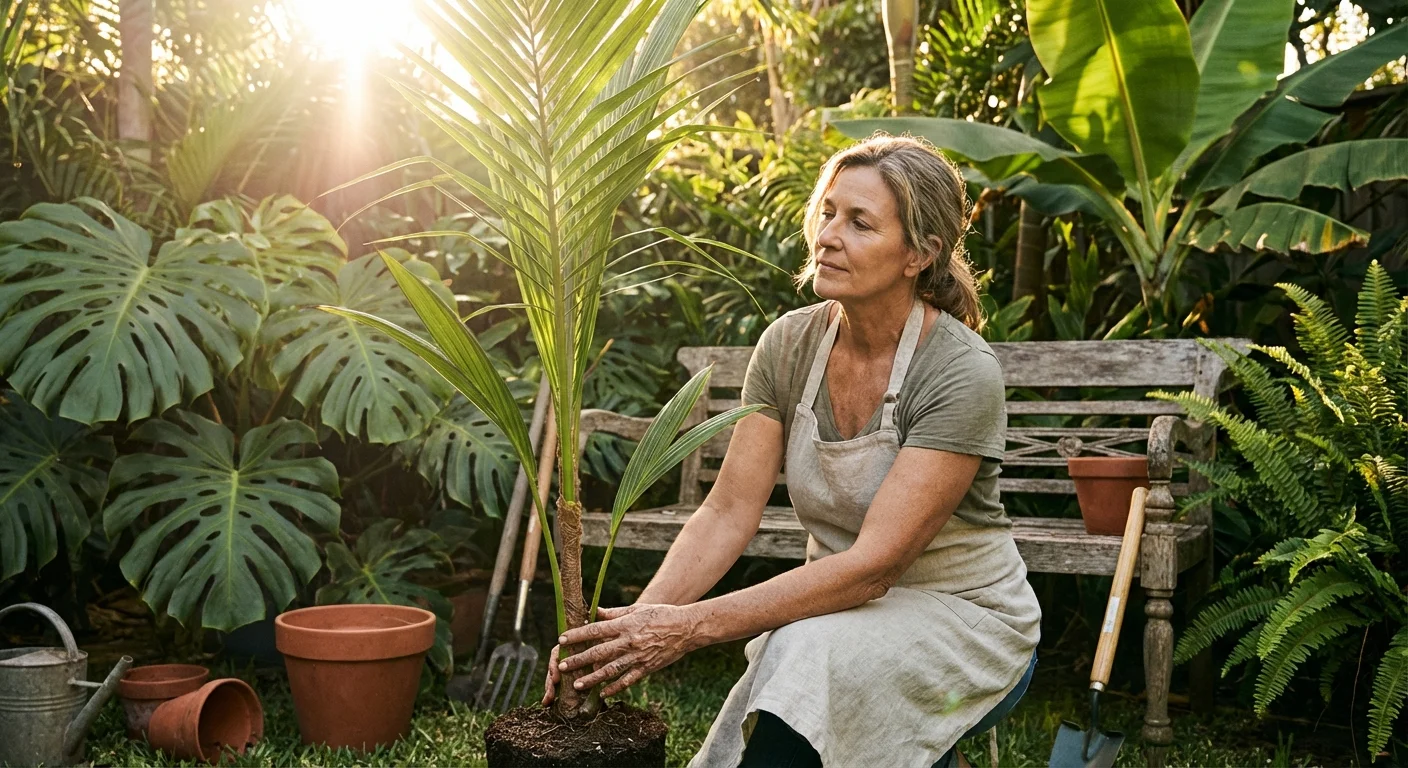 A home gardener planning their tropical backyard layout among lush green palm trees in the sunlight.