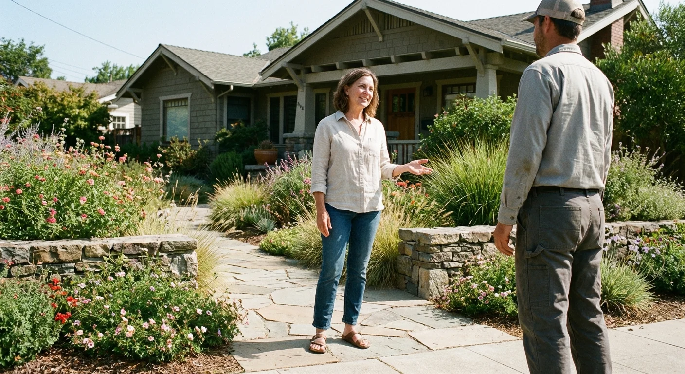 A homeowner having a calm, direct conversation at the edge of their property.
