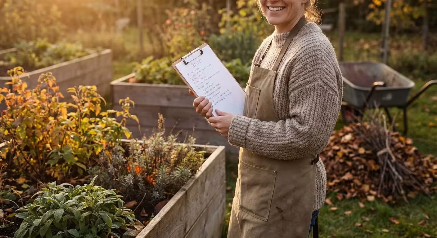 A homeowner reviewing a spring yard cleanup checklist in their garden.