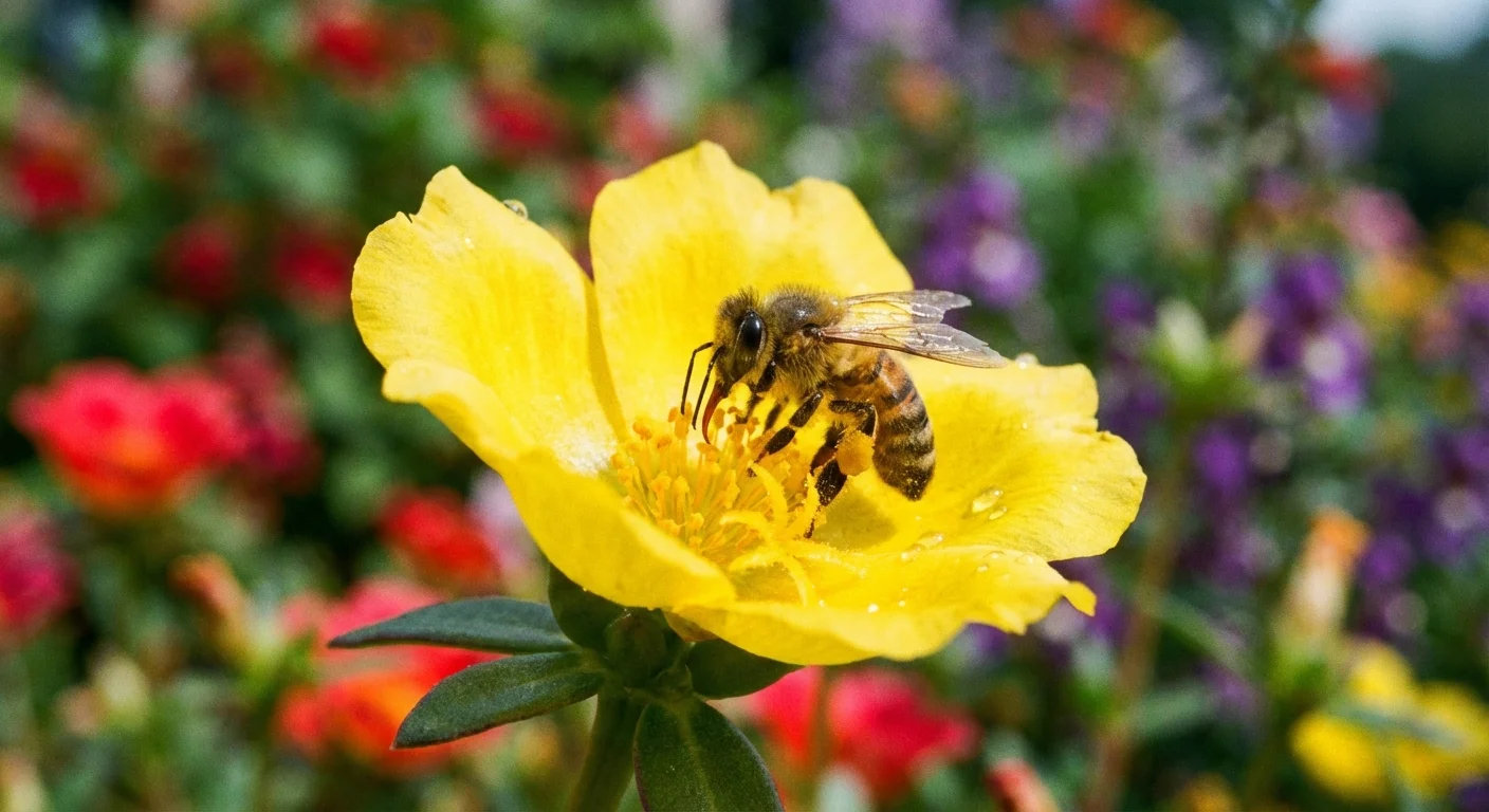 A honeybee pollinating a small yellow purslane flower in a garden.