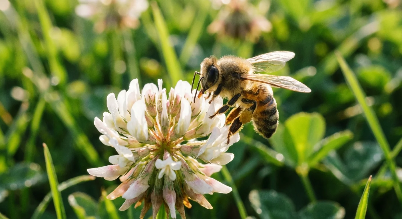 A honeybee pollinating a white clover flower in a green lawn.