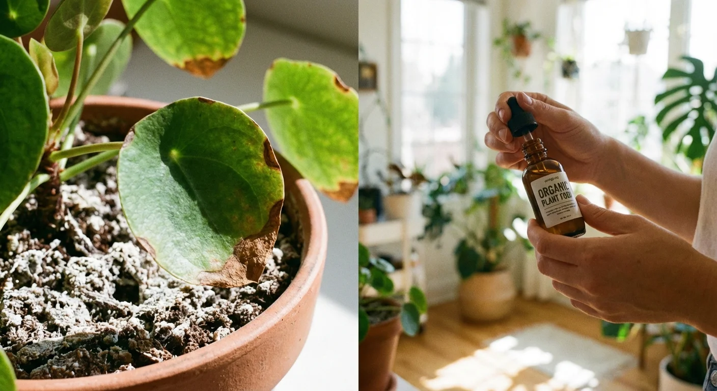 A houseplant showing signs of fertilizer burn with crispy leaf edges.