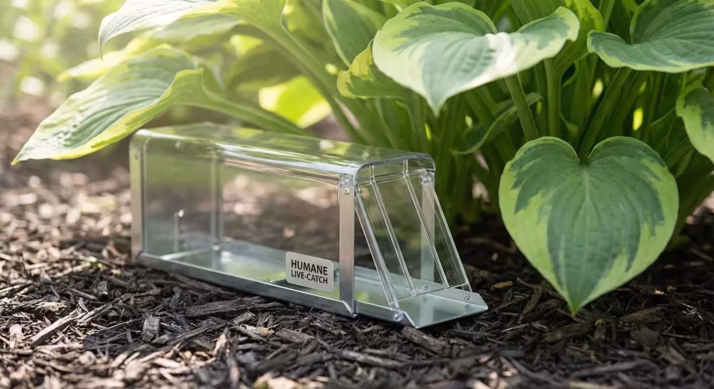 A humane live-catch mouse trap positioned under garden foliage for ethical pest control.