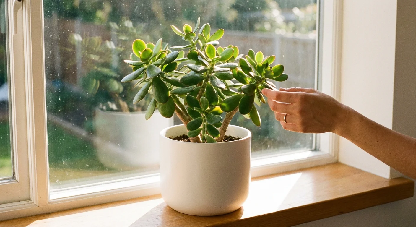 A jade plant in a white pot sitting on a sunny wooden windowsill.