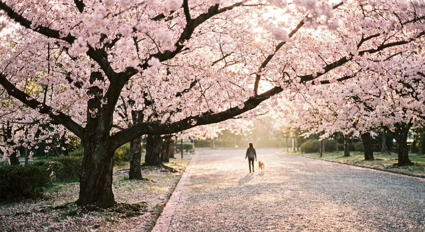 A Japanese cherry tree covered in soft pink blossoms next to a garden path.