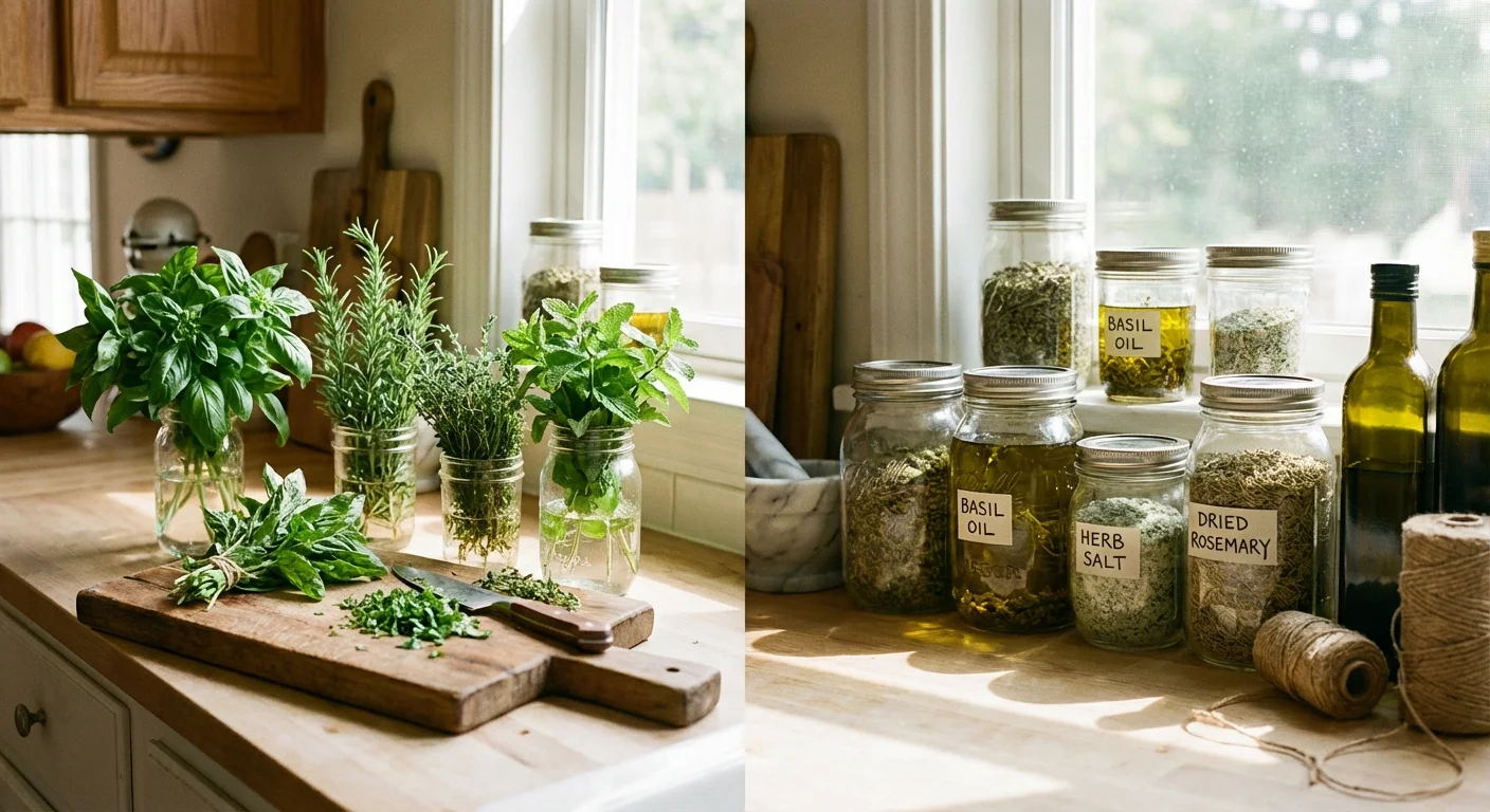 A kitchen counter with herb jars, fresh bundles, and gardening tools.
