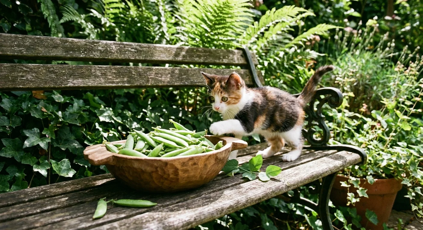 A kitten reaches for a bowl of fresh pea pods in a garden.