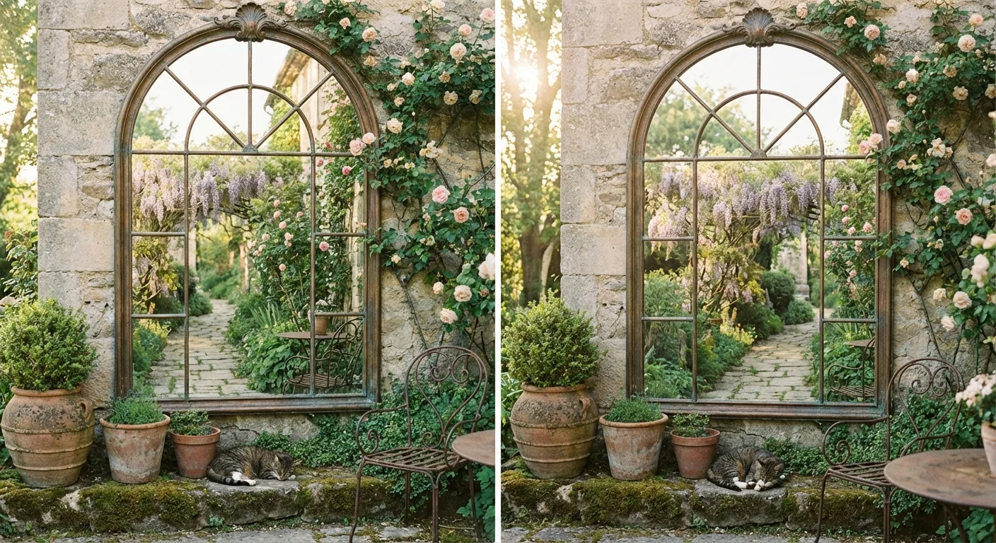 A large arched mirror on a garden wall reflecting green foliage to make the space look larger.