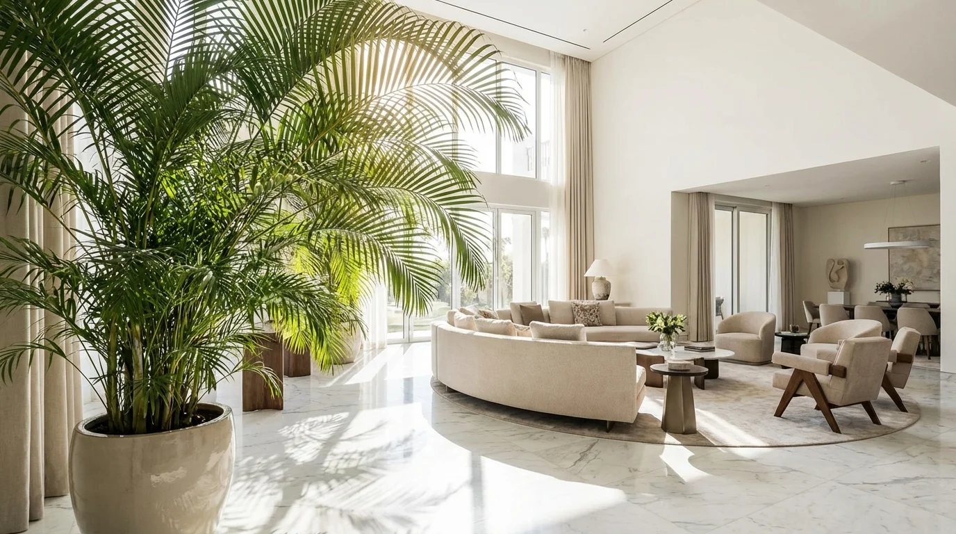A large Areca Palm in a sunlit, luxury living room with white floors.