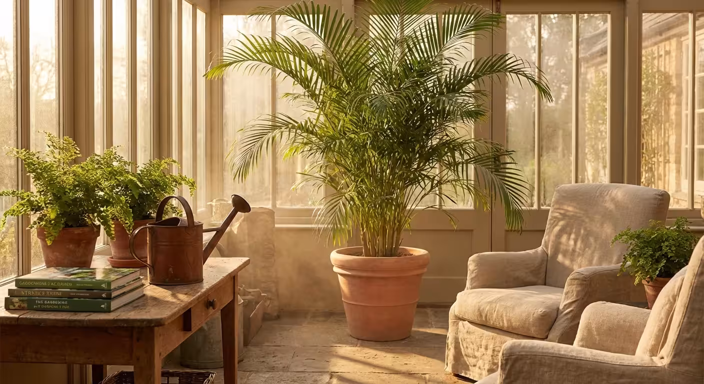 A large Areca Palm with feathery fronds in a sun-filled room.