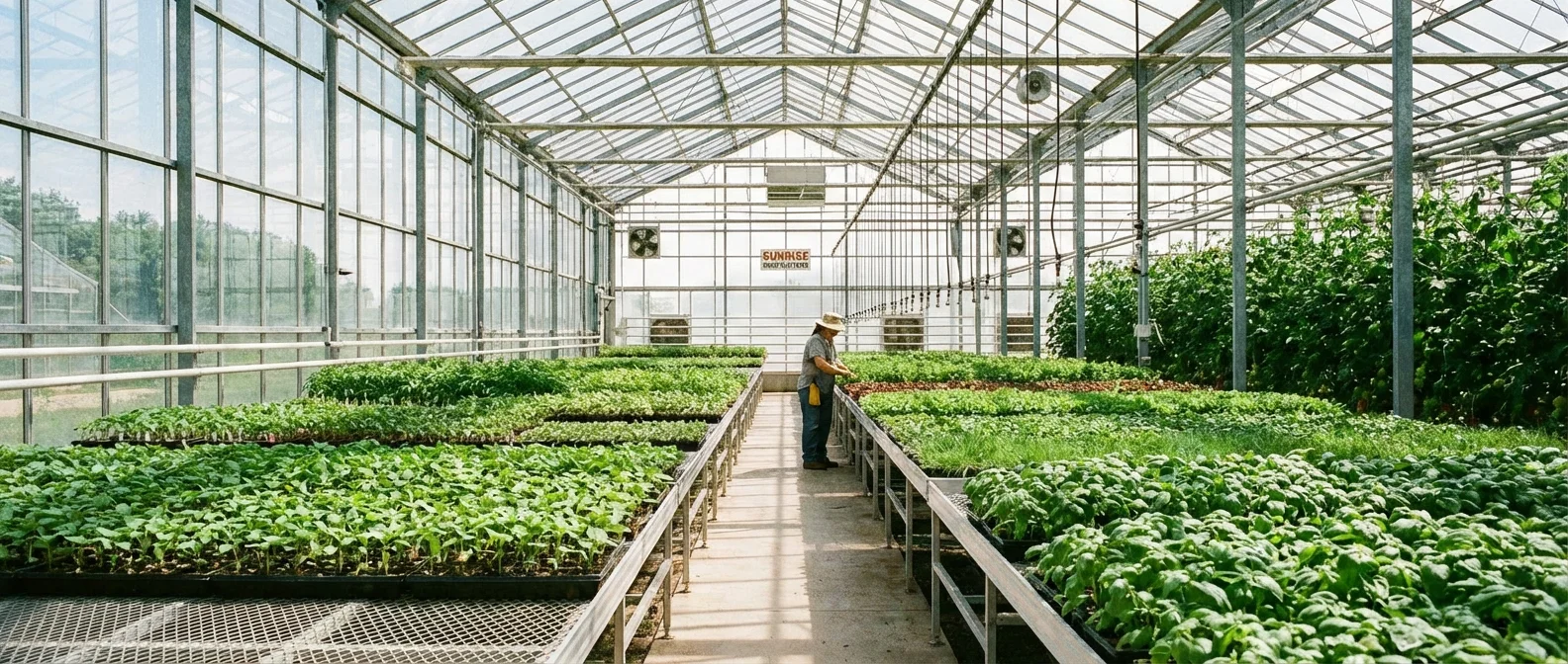 A large, bright commercial greenhouse filled with rows of green plants.