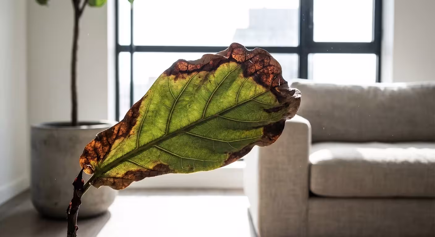 A large green leaf showing brown, crispy burnt edges from too much sun.