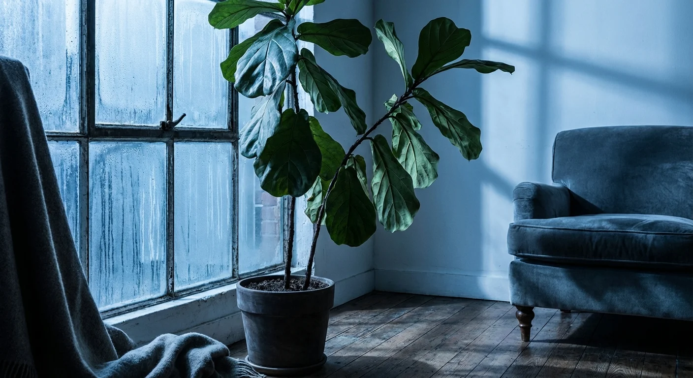 A large houseplant placed next to a cold, misty window pane.