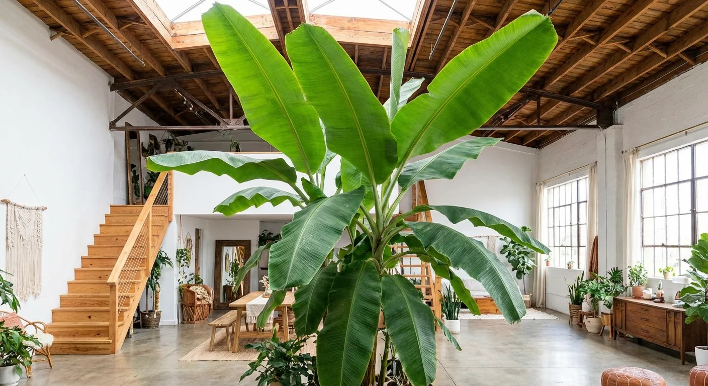 A large indoor Banana Tree with enormous green leaves in a high-ceilinged room.