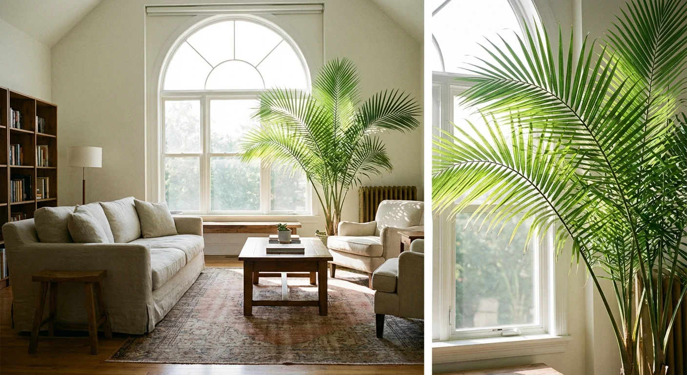 A large Majesty Palm in a sunlit lounge area.