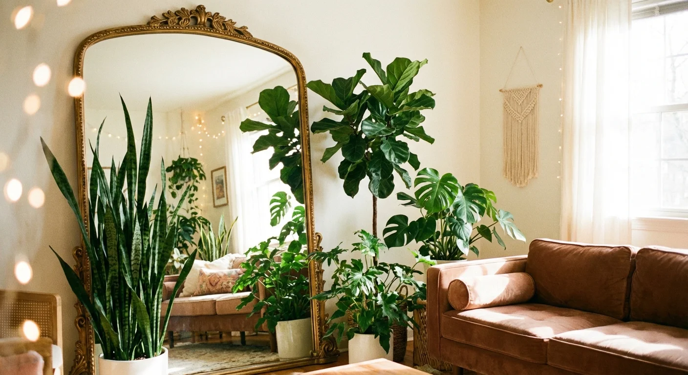 A large mirror reflecting several indoor plants, making the room appear more lush and green.