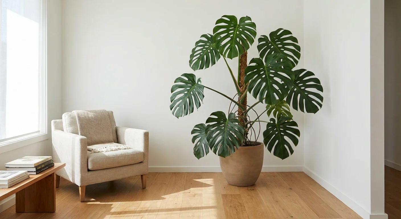 A large Monstera Deliciosa plant filling a bright corner of a minimalist room.