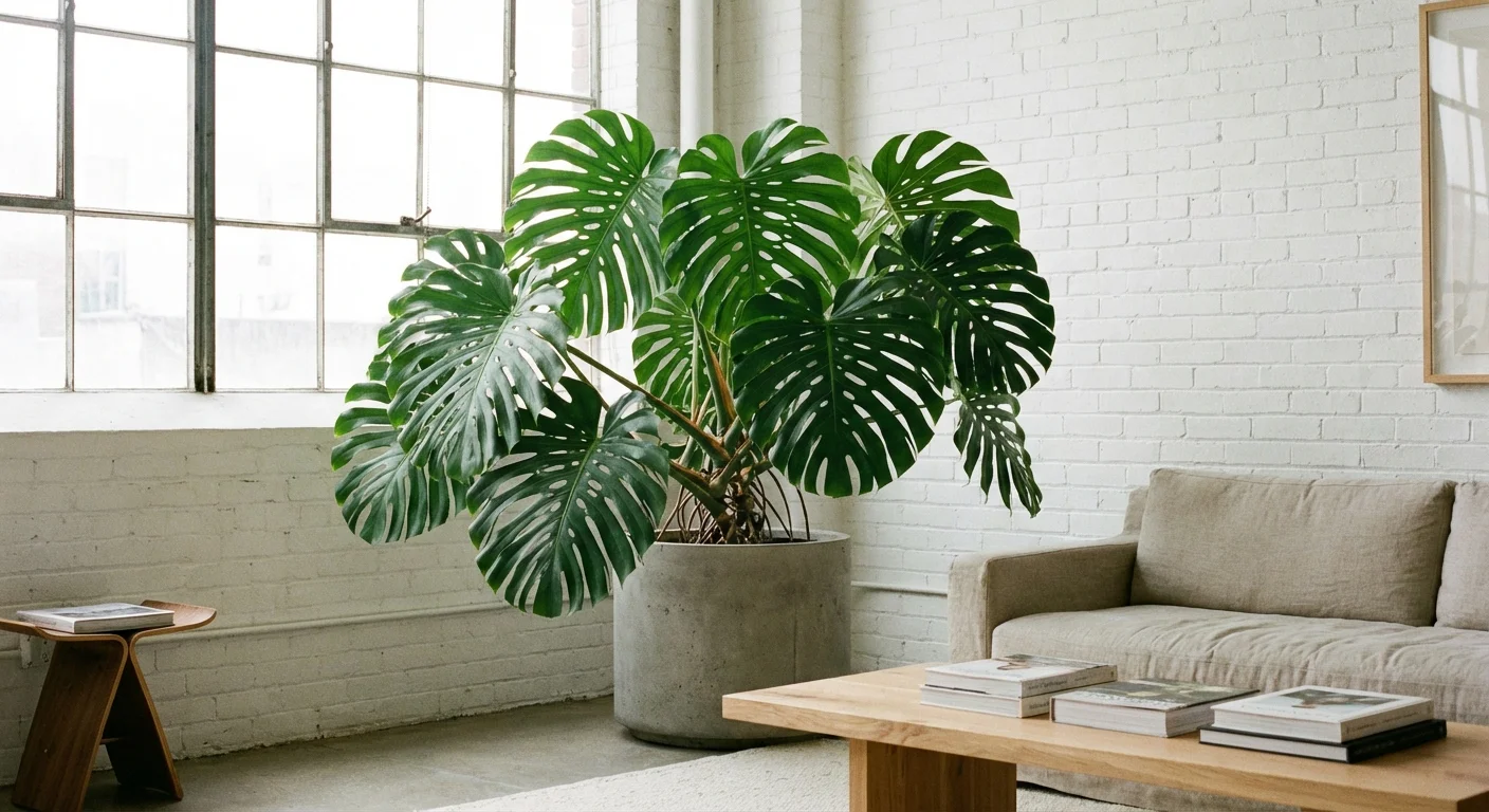 A large Monstera Deliciosa with iconic split leaves in a bright, modern loft apartment.
