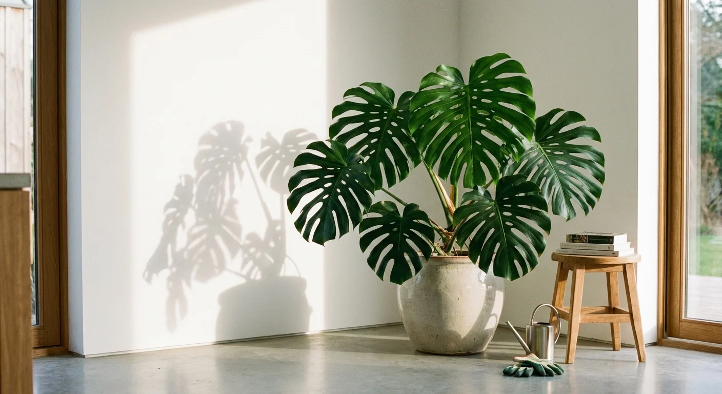 A large Monstera plant with iconic split leaves in a sunlit modern interior.