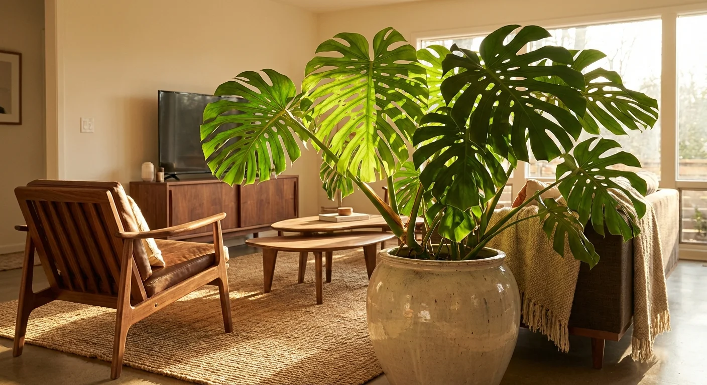 A large Monstera plant with signature split leaves in a chic mid-century modern living room.